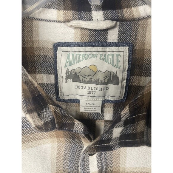 American Eagle Plaid Flannel Shirt Men’s S/P/CH Brown Navy White Long Sleeve - Picture 4 of 5